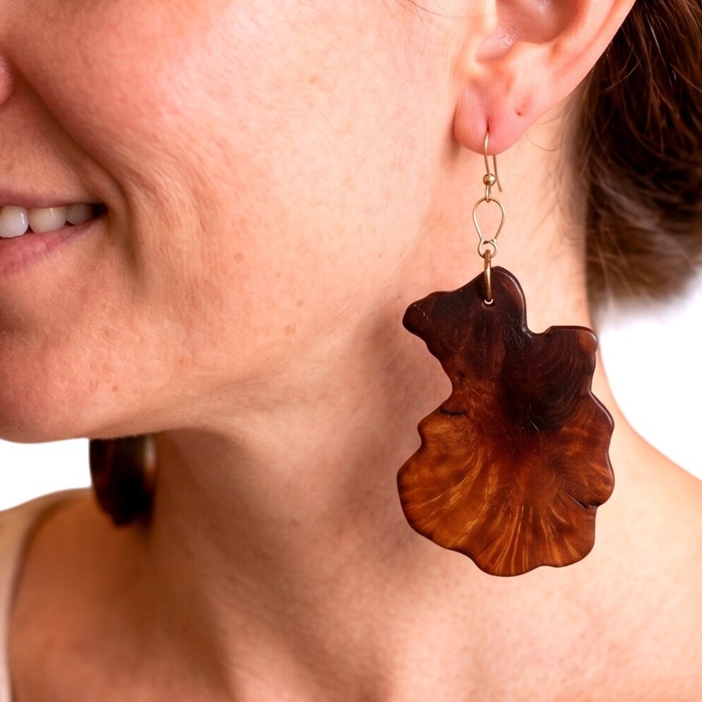 Vintage Natural Redwood Burl Wood Slab Dangle Earrings Organic Freeform Boho